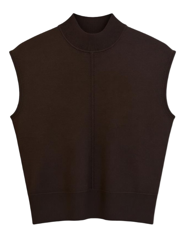 Wren Top in Delicioso, a luxurious mock turtleneck crafted from a soft merino wool blend, featuring elegant pick-stitch detailing on cap sleeves and center seams, perfect for sophisticated styling.