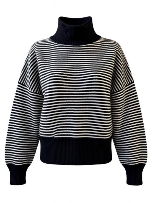 Luxurious Florine Sweater in Black and Cream Stripes by Lisa Yang, featuring a high neck and slouchy fit with contrast banding at the neck, waistband, and cuffs, crafted from 100% cashmere.
