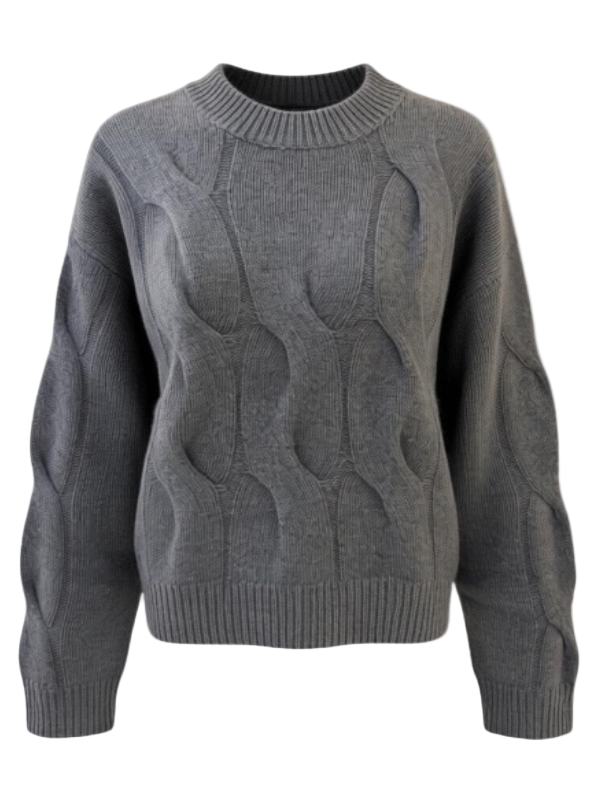 Luxurious Sammie Sweater in Graphite by Lisa Yang, featuring sculpted textures and a relaxed fit. Made from 100% heavy knit cashmere, this sweater showcases oversized cable patterns, a crew neck, and ribbed trims, perfect for a sophisticated wardrobe.