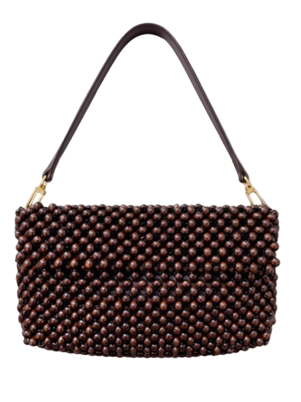 Timmy Convertible Shoulder Bag in Dark Brown, featuring a soft beaded design with natural wood beads. The bag has a detachable handle, gold-tone hardware, and a spacious interior zip pocket for organization.
