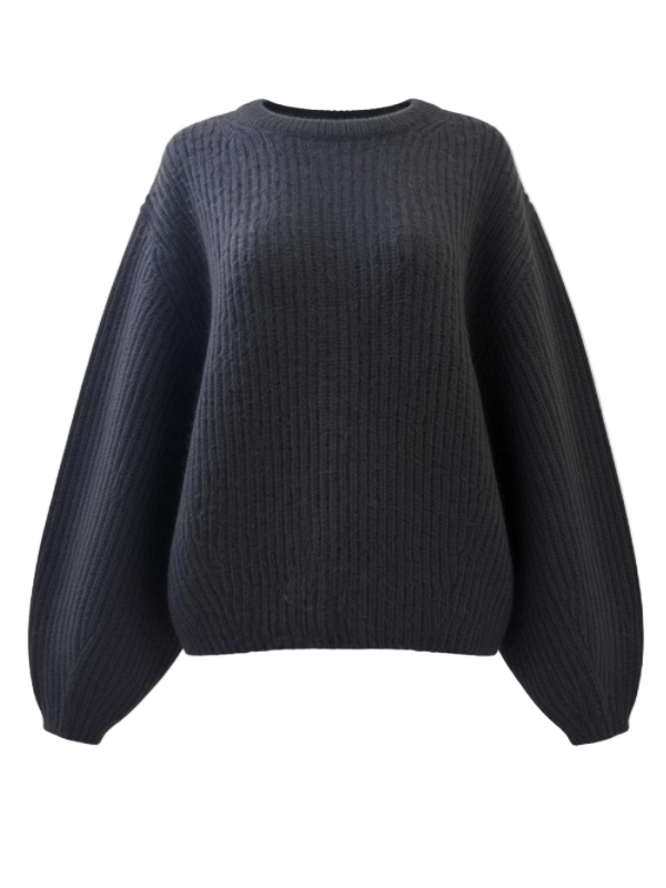Luxurious TOTEME Mohair Blend Rib Knit in Black featuring voluminous long sleeves and a classic crew neck, perfect for elegant layering.