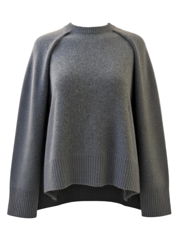 Luxurious Crew Cape Knit in Dark Grey Melange by TOTEME, featuring a crew-neck design with ribbed edges and a stylish layered cape aesthetic, made from soft 100% cashmere.