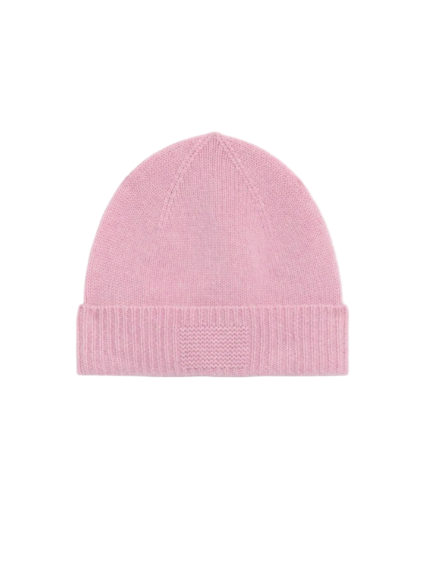 Rib Cuff Beanie in Daybreak by Guest in Residence, showcasing a luxurious medium-weight cashmere design in a soft pink hue, elegantly featuring a ribbed cuff and signature branding.