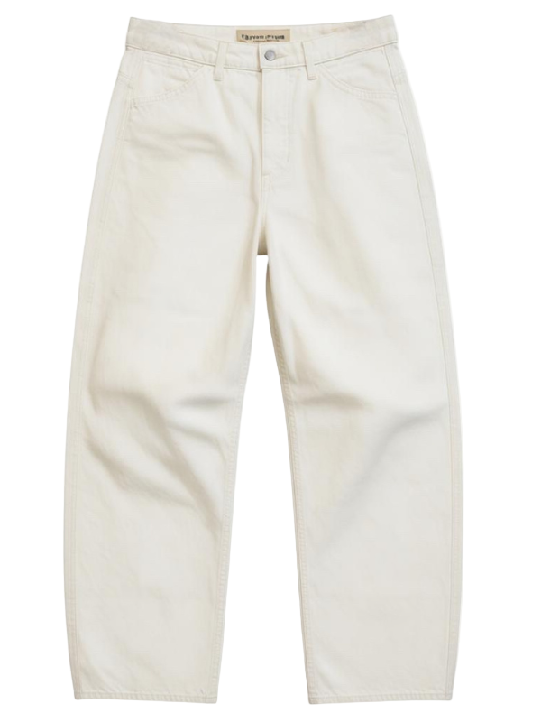 Luxurious mid-rise Tribeca Jean in Cream by Nili Lotan, featuring a stylish barrel leg silhouette, front slant pockets, and premium 100% cotton fabric. Ideal for a chic and modern wardrobe.