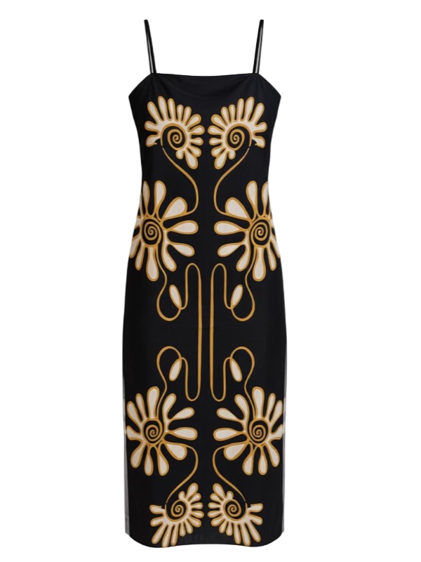 Luxurious Samantha Dress in Namur BW by Cala de la Cruz featuring a striking floral design on a black background, square neck, and spaghetti straps, crafted from 100% linen.