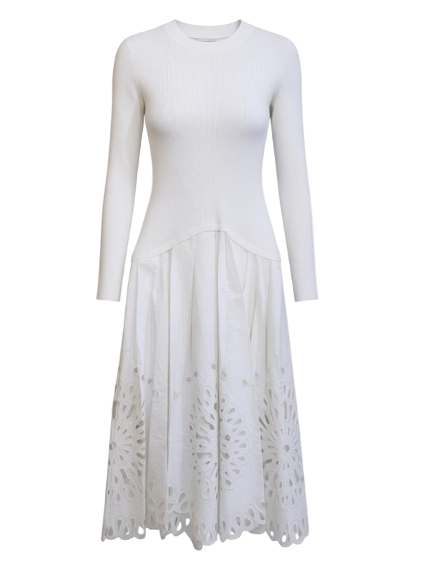 Daila Midi Dress in White by Simkhai showcasing a luxurious broderie anglaise full skirt with a knitted, slit-sleeve bodice, ideal for elevated everyday wear and special occasions.