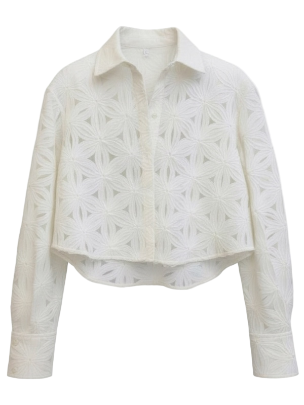 Luxurious Anders Shirt in Ivory by Simkhai, featuring a cropped silhouette and intricate sheer embroidery, perfect for sophisticated styling.