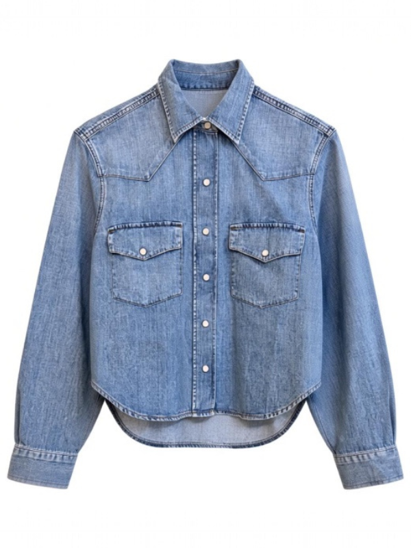 Cropped Western Shirt in Carolina Blue by Citizens of Humanity - showcasing front view with snap closure and two chest pockets.