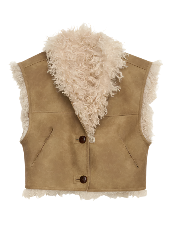 Clara Vest in Taupe by Isabel Marant Étoile featuring a shearling style and shawl collar.