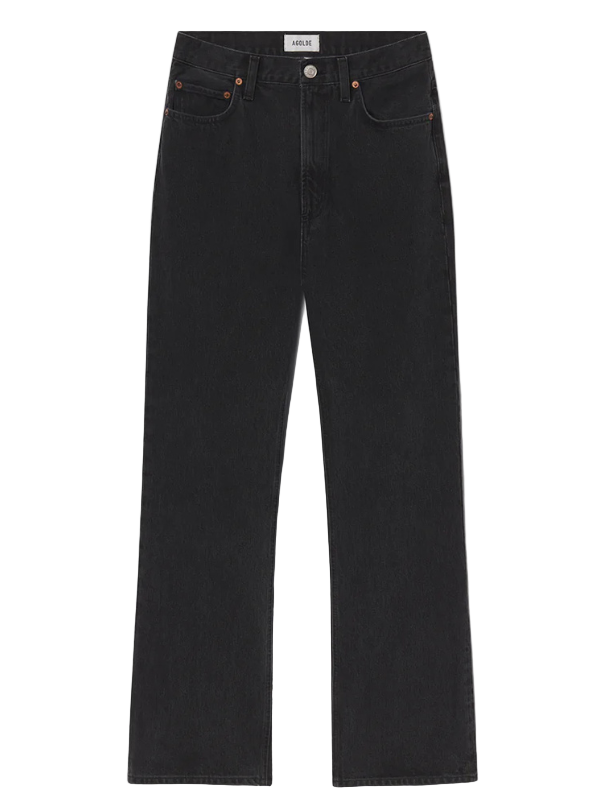 Agolde's Leena Jean in Forecast, a flattering high-rise flare with an elongated leg, crafted from organic and recycled denim in a washed-out black color with warm undertones. Perfect for styling with a crisp white tee or oversized blazer.