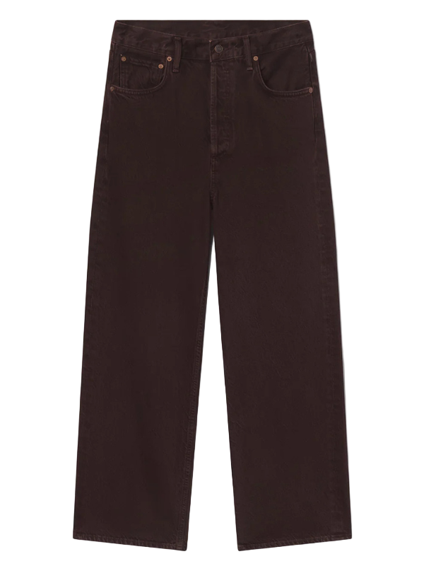 Ren Jen in Sloe Berry high-rise wide-leg jeans by Agolde, featuring a deep grape color with subtle marbling, made from 100% rigid regenerative cotton for all-day comfort.