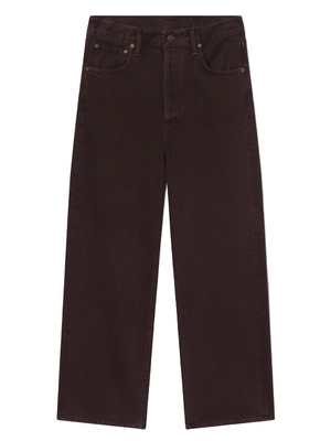 Ren Jen in Sloe Berry high-rise wide-leg jeans by Agolde, featuring a deep grape color with subtle marbling, made from 100% rigid regenerative cotton for all-day comfort.