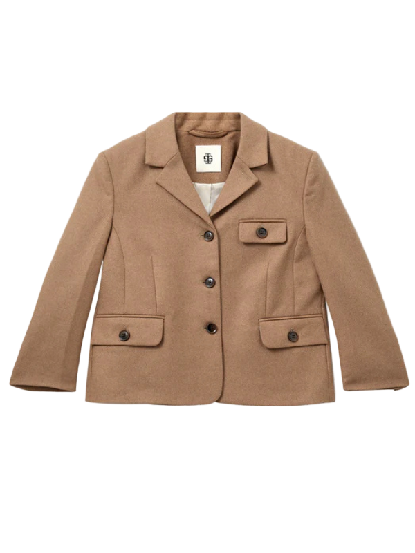 Mitch Fitted Jacket in Camel showcasing the tailored silhouette and button details from THE GARMENT, perfect for adding a feminine touch to your wardrobe.
