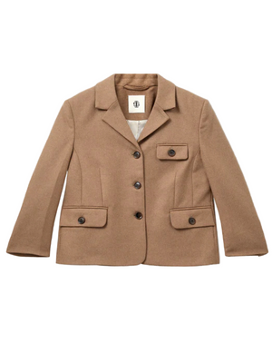 Mitch Fitted Jacket in Camel showcasing the tailored silhouette and button details from THE GARMENT, perfect for adding a feminine touch to your wardrobe.