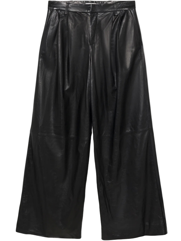 Kobie Wide Leg Leather Pant in Black with banded waist and pleated front detail by Simkhai.