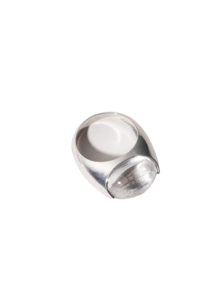 Crystal Orb Ring in Silver by Loren Stewart featuring a clear quartz cabochon set in polished sterling silver.