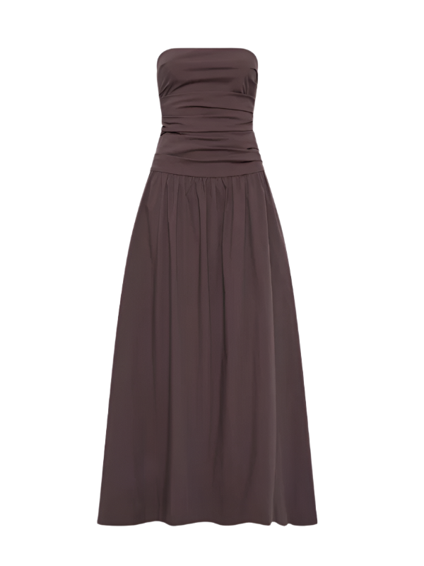 Gathered Strapless Tie Back Dress in Chocolate Plum