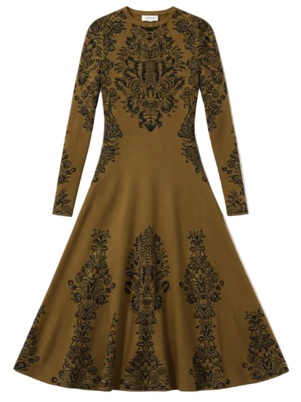 Callista Jacquard Dress in Olive showcasing rich botanical patterns on a lush green background, designed by Ulla Johnson.