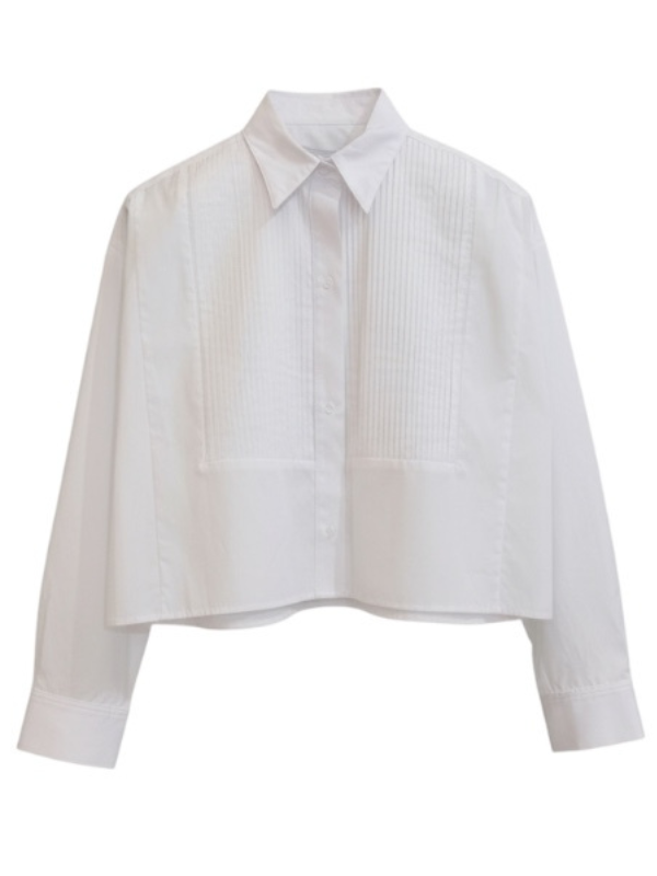 TWP's Soon To Be Ex cropped long-sleeve button-down in white cotton poplin, featuring a boxy silhouette and tuxedo-style bib.