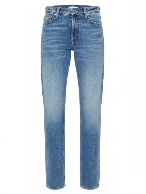 The Reifler in Early Blue by MOTHER showcasing a medium blue wash with subtle fading and whiskering.