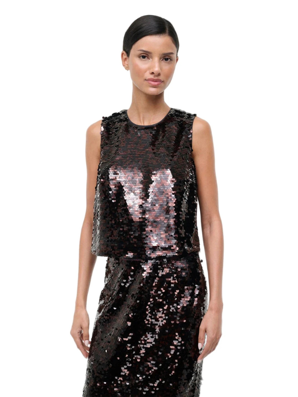 Close-up of Staud's Seraphina Tank in Espresso/Black, showcasing the shimmering two-tone sequins and stylish design perfect for dressing up or down.
