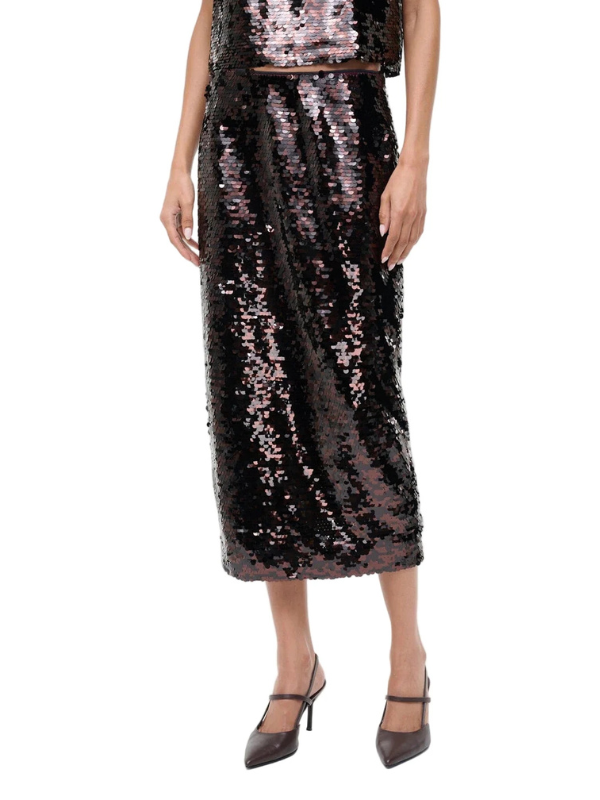 Stylish look featuring Ciara Skirt in Espresso/Black by Staud paired with a chic sweater.