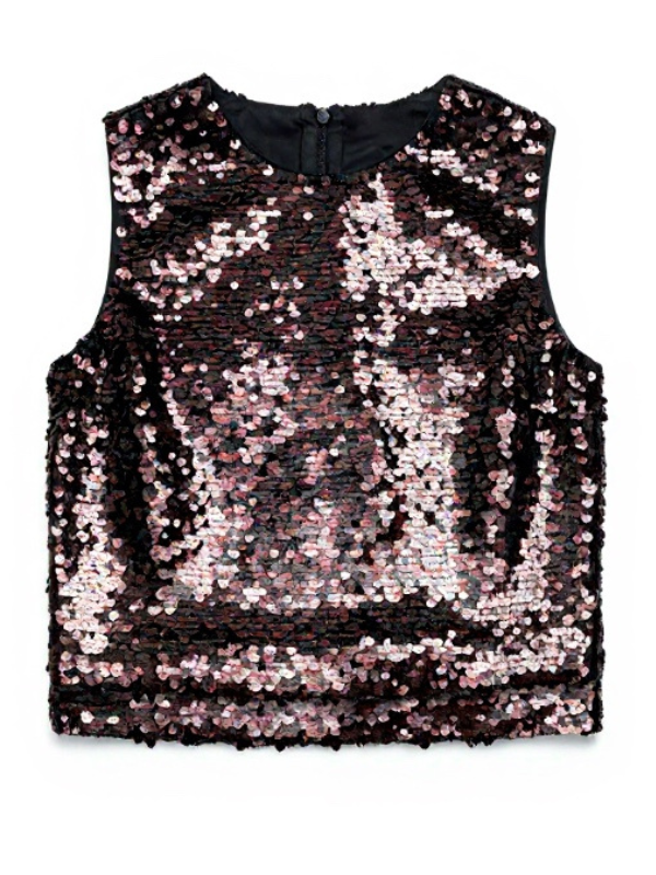 Seraphina Tank in Espresso/Black by Staud, featuring a slightly cropped, boxy silhouette made with two-tone sequins, ideal for festive occasions.