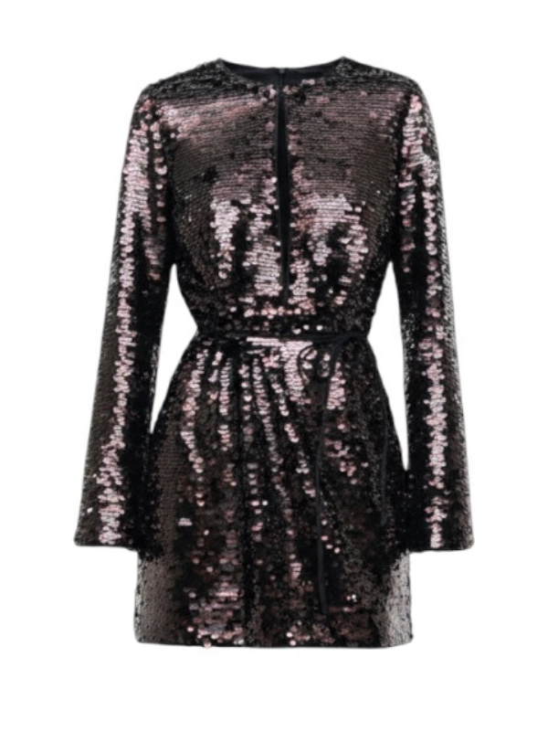 Fifi Dress in Espresso/Black by Staud, a stylish long-sleeved sequin mini dress featuring a center front keyhole design and natural waistline with extra gathering detail.