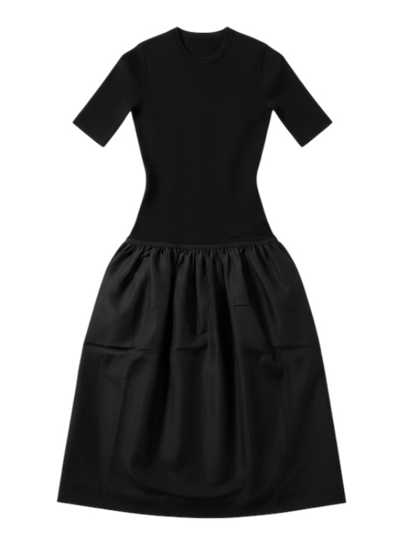 Stylish Twinflowers Tee Dress in Black by TOTEME, featuring a slim knit bodice and a full contrast skirt, perfect for chic summer outings.
