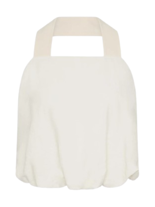 Cloud Twist Halter Top in Off White by St. Agni showcasing its luxurious silk blend material and relaxed silhouette.