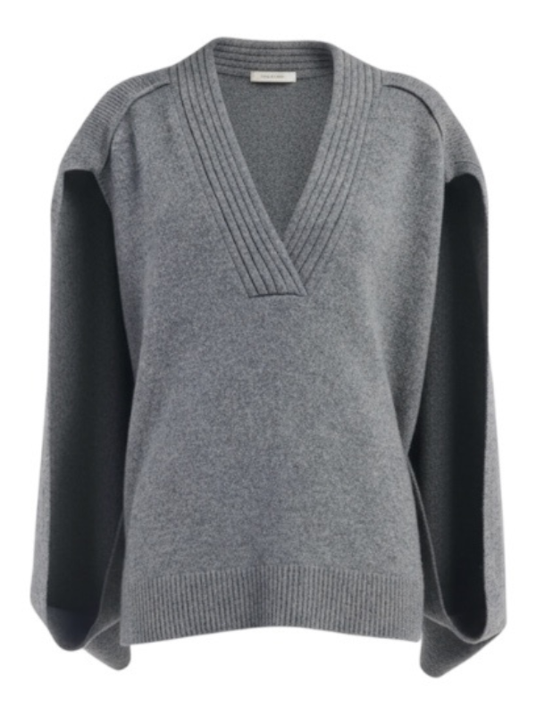 Cocoon Cape Sweater in Medium Heather Grey showcasing its v-neck design and cape-like back.
