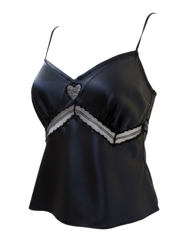 Staud Terra Top in Black featuring luxurious stretch silk satin with spaghetti straps and lace cutout details at the bust.