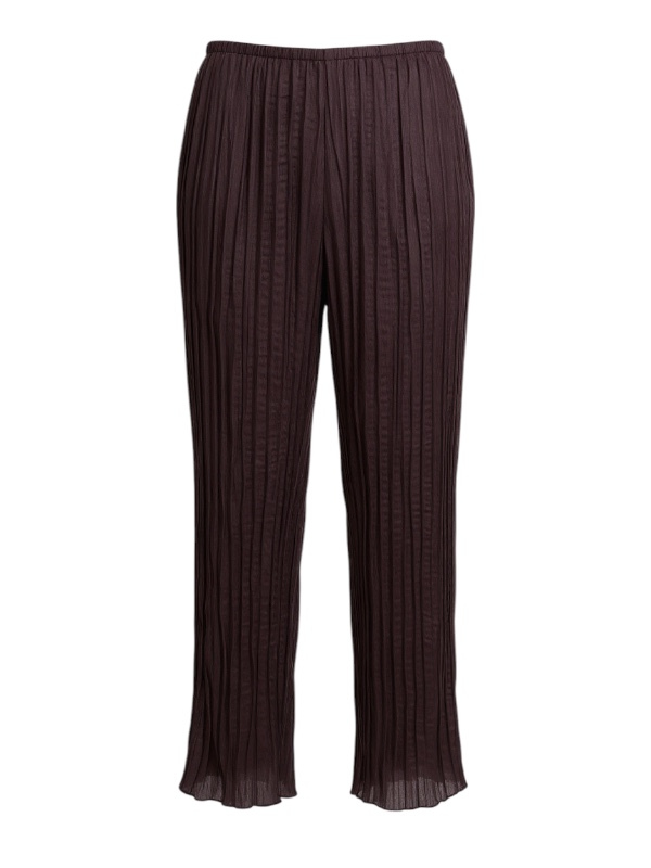 Staud Nami Pant in Earth featuring a comfortable pull-on style with an elastic waistband and crafted from crushed plissé satin.