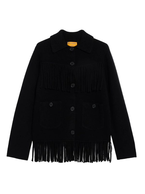 Stylish Western Fringe Jacket in Black by Guest in Residence showcasing knitted western style fringe at yoke and hem.