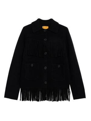 Stylish Western Fringe Jacket in Black by Guest in Residence showcasing knitted western style fringe at yoke and hem.