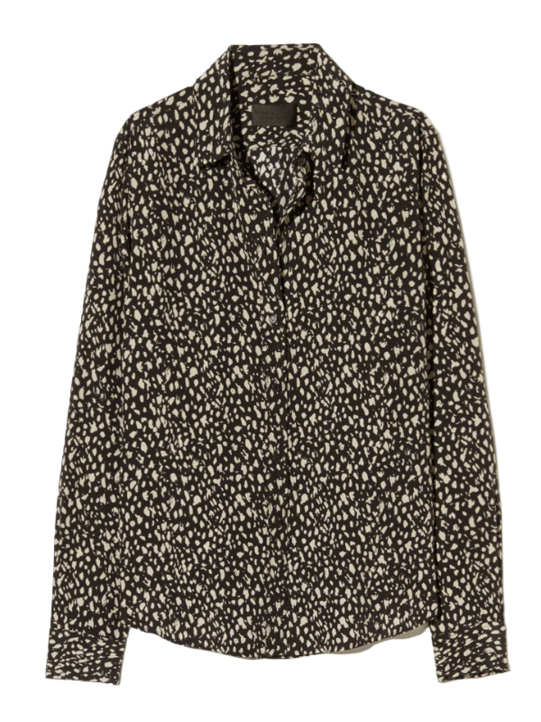 Gaia Slim Shirt in Black/Stone Cheetah Print, showcasing the elegant design and classic silhouette by Nili Lotan.