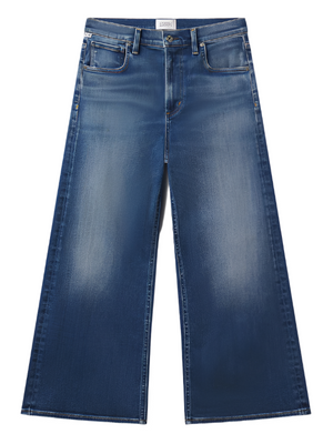 Lyra Wide Leg Crop in Augusta showcasing the high rise design and relaxed fit with a medium indigo wash.
