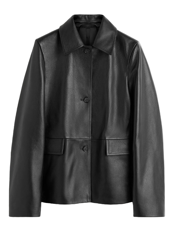 Front view of TOTEME's Grained Leather Jacket in Black showcasing its straight silhouette and heavy grained leather.