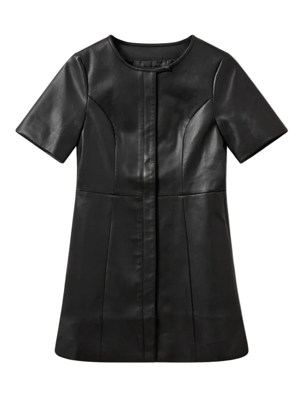 Brooklyn Mini Dress in Black featuring a sleek leather-look finish and t-shirt sleeves.