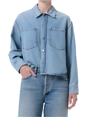 Juna Shirt in Interval by Agolde, showcasing a relaxed button-up style with dropped shoulders and patch pockets.