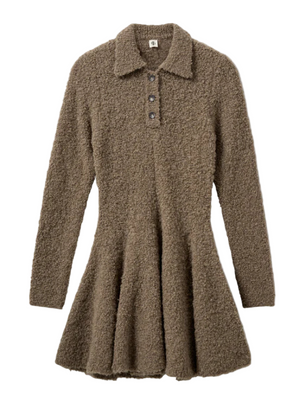 Balboa Volume Dress in Praline showcasing a feminine knit design with a flared voluminous skirt.