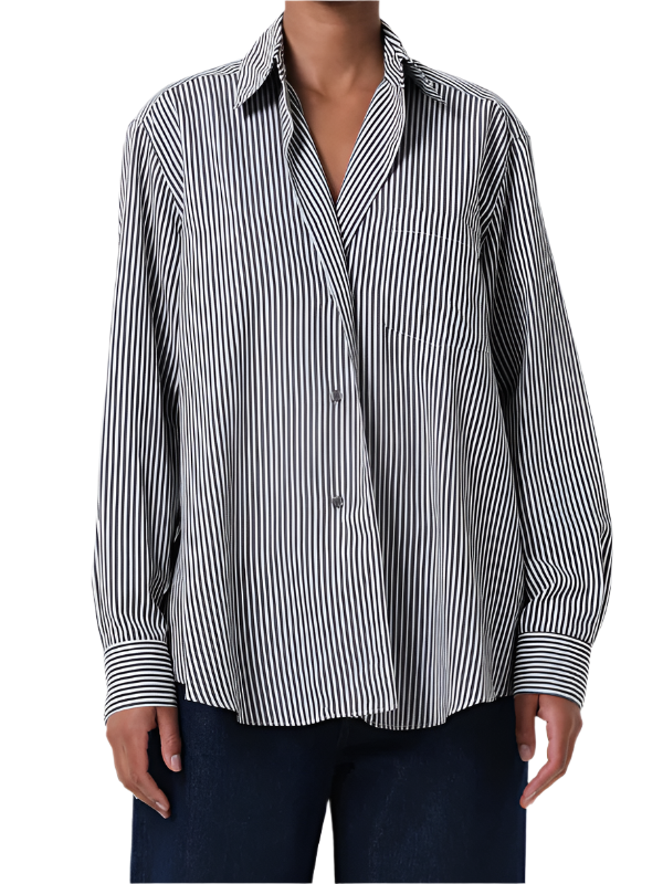 Agolde Aris Shirt in Solene Stripe showing relaxed silhouette with classic collar and dropped shoulder design.