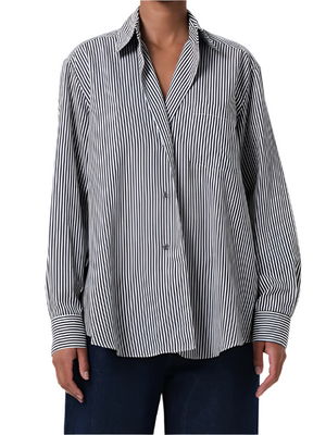 Agolde Aris Shirt in Solene Stripe showing relaxed silhouette with classic collar and dropped shoulder design.