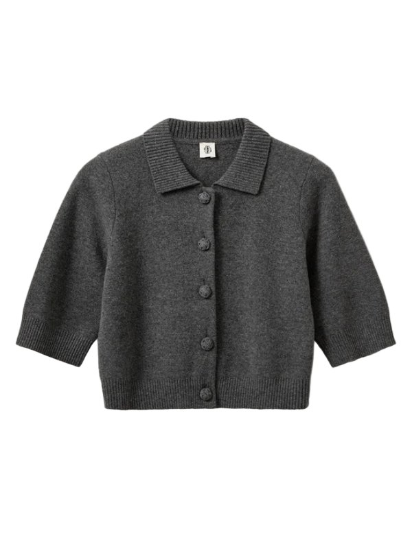 Como Short Cardigan in Grey Melange displayed on a mannequin, showcasing its elegant cropped design and classic collar.