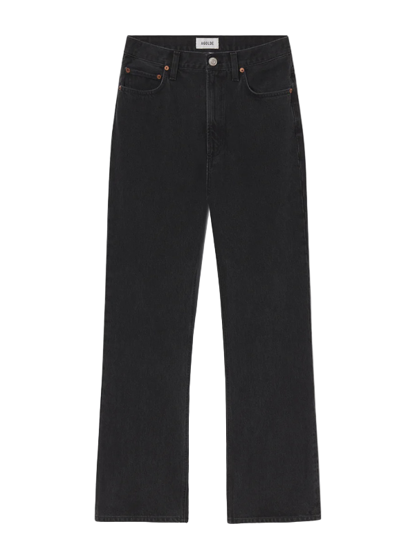 Leena Jean in Forecast by Agolde displayed from the front, showcasing its high-rise flare design and washed-out black color.