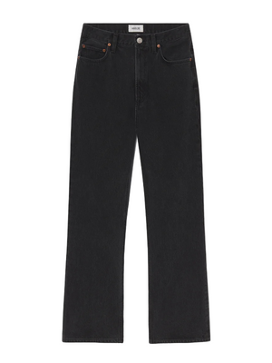 Leena Jean in Forecast by Agolde displayed from the front, showcasing its high-rise flare design and washed-out black color.