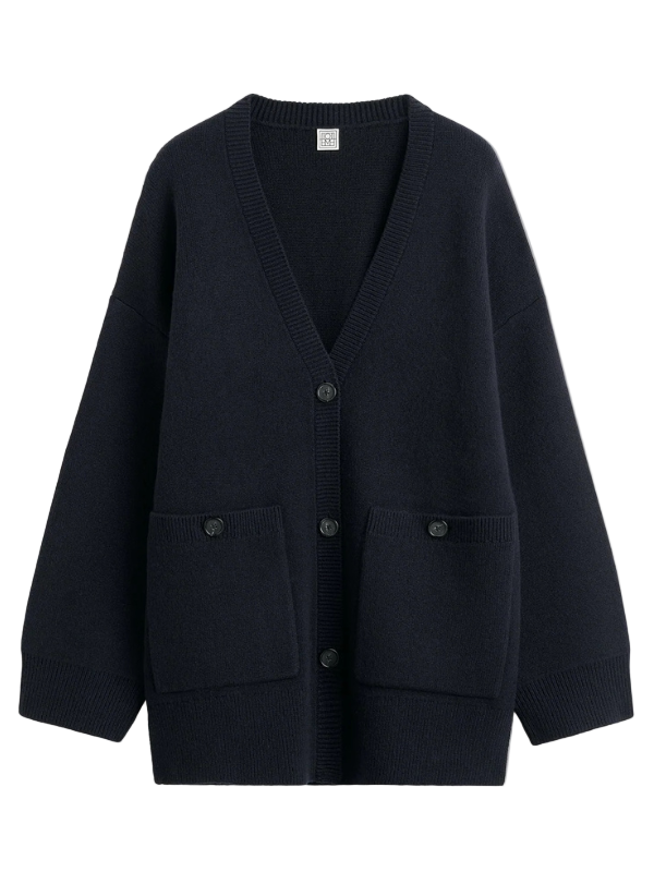 Longline Cardigan in Navy by TOTEME featuring a drop-shouldered silhouette and oversized fit.