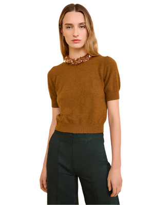 Ulla Johnson Liv Embroidered Cashmere Short Sleeve Knit in rich Umber, showcasing elegant bead and paillette details on the collar.