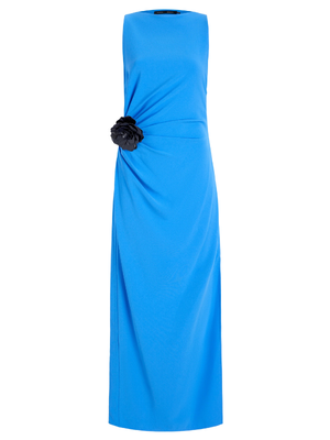 Indria Dress in New Blue by Proenza Schouler showcasing the straight neckline and side ruching for a flattering fit.