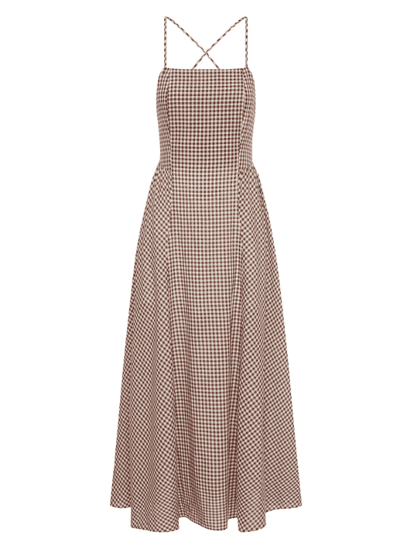 Callie Dress in Petite Mocha Gingham featuring a beautiful square neckline and open back design.